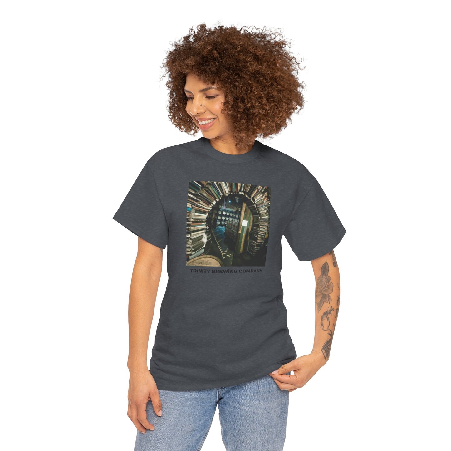TRiNiTY Book Arch (Red Logo on Back) - Unisex Heavy Cotton Tee