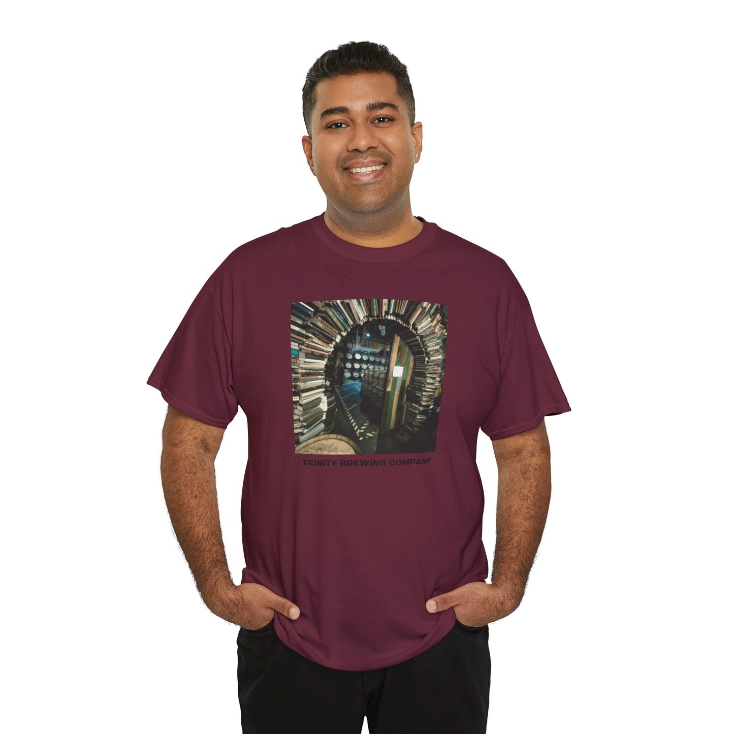 TRiNiTY Book Arch (Red Logo on Back) - Unisex Heavy Cotton Tee